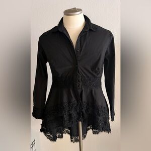 Marc Bouwer High Low Black Lace Button Down Large